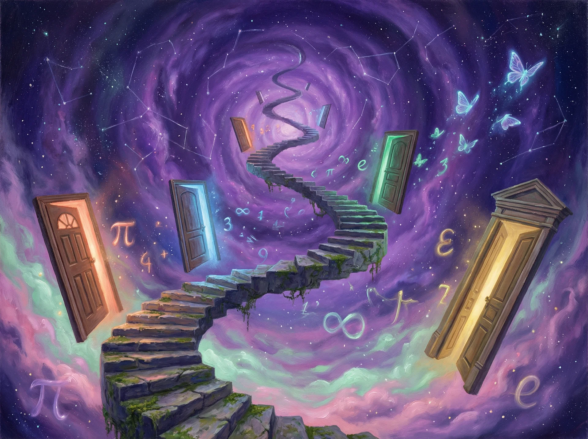 超现实梦境画作 - 无限阶梯与浮动之门，关联 福彩3d 幸运号码