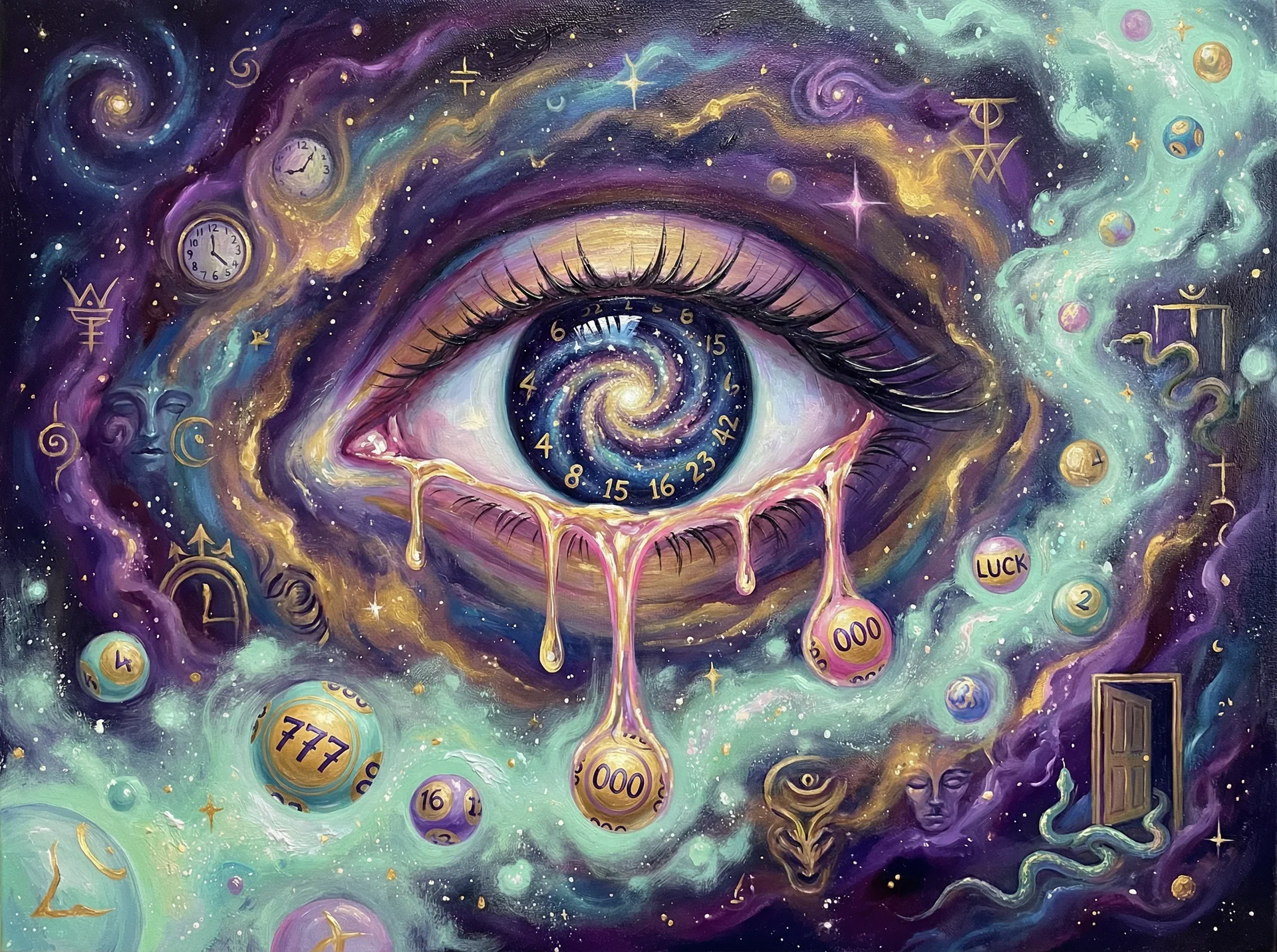 超现实梦境画作 - 宇宙之眼与银河虹膜，关联 福彩3d 幸运号码