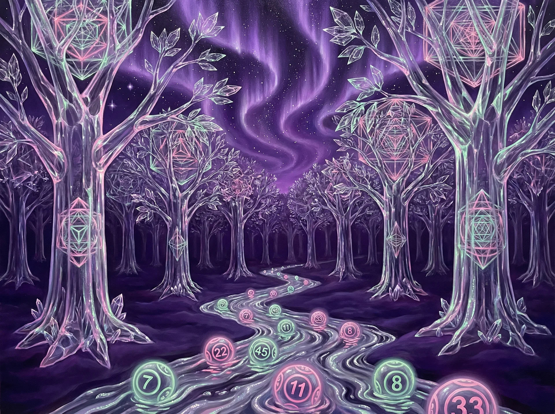 超现实梦境画作 - 水晶森林与银河之河，关联 福彩3d 幸运号码