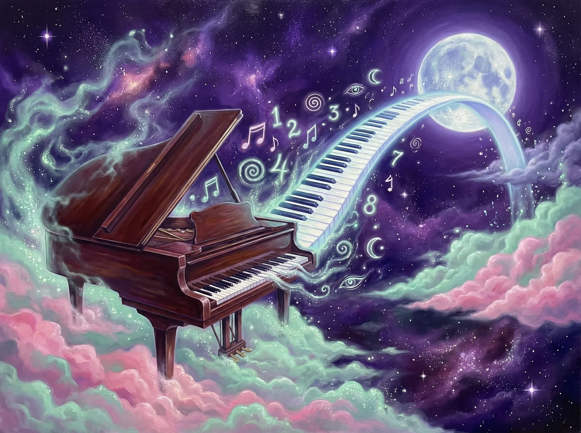 超现实梦境画作 - 宇宙钢琴与月光之桥，关联 福彩3d 幸运号码